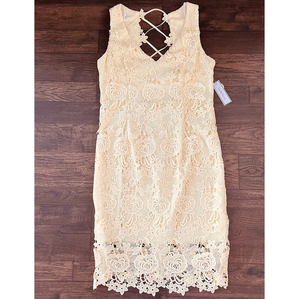 Premier Amour Yellow Spring Guipure Crochet Lace Dress 10 Floral Coquette Sheath